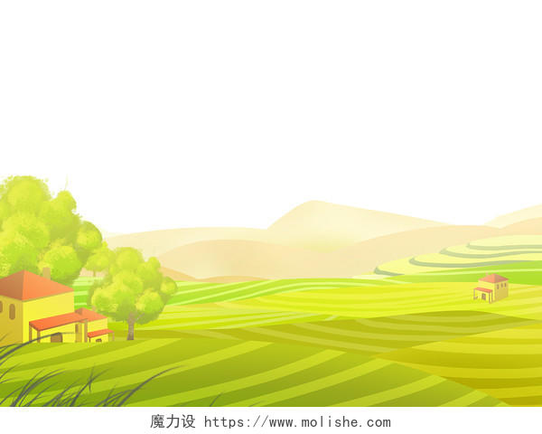 绿色手绘卡通乡村田野农田的风景房屋元素PNG素材